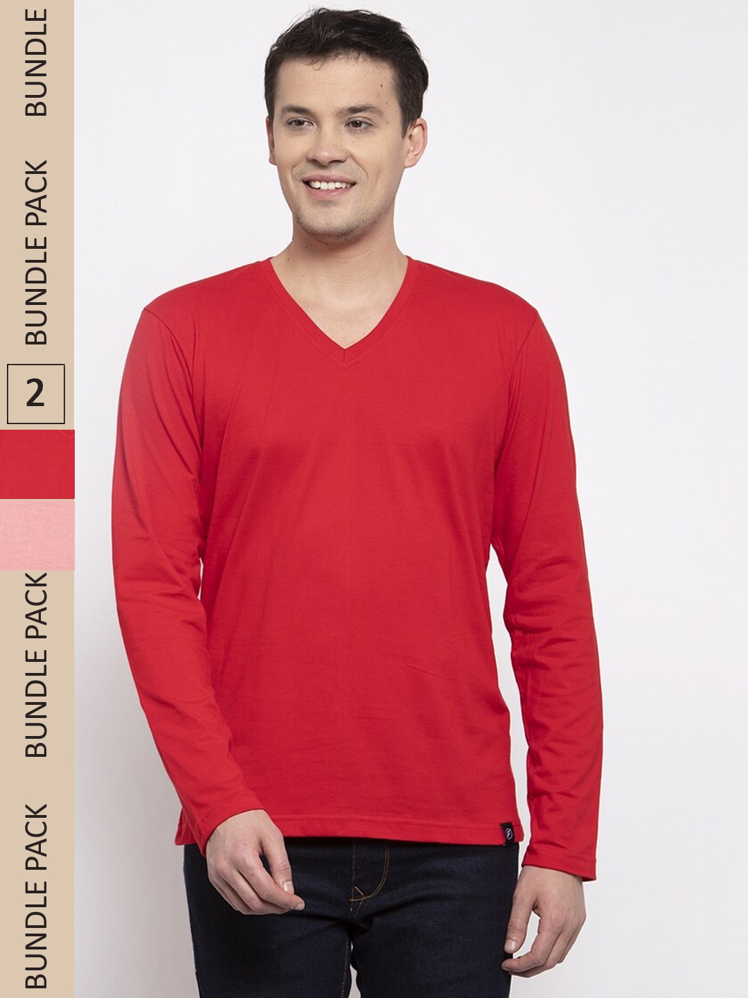 Friskers Pack Of 2 V-Neck Slim Fit Cotton T-shirts, Red