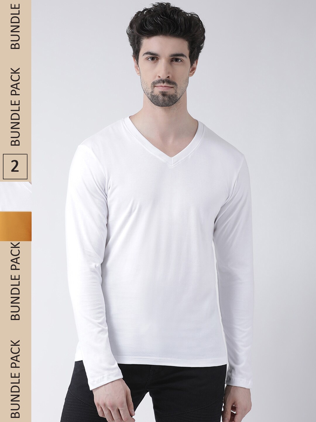 

Friskers Pack Of 2 V-Neck Long Sleeves Slim Fit Cotton T-shirts, White