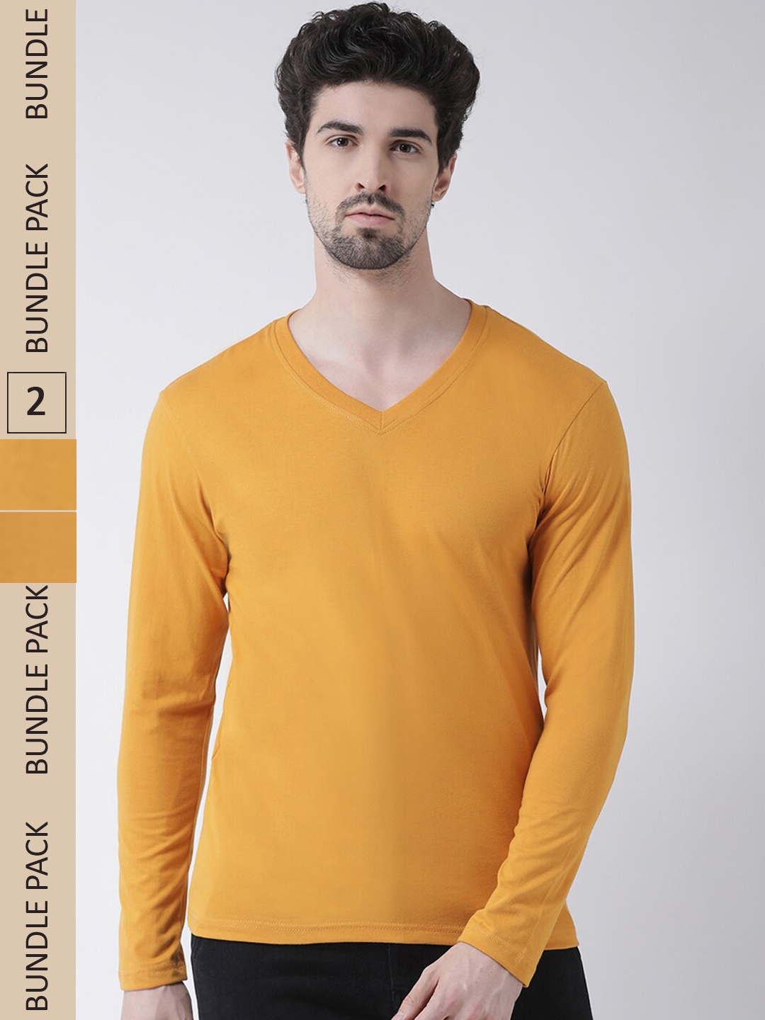 

Friskers Pack Of 2 V-Neck Pure Cotton Slim Fit Long Sleeves T-shirts, Mustard