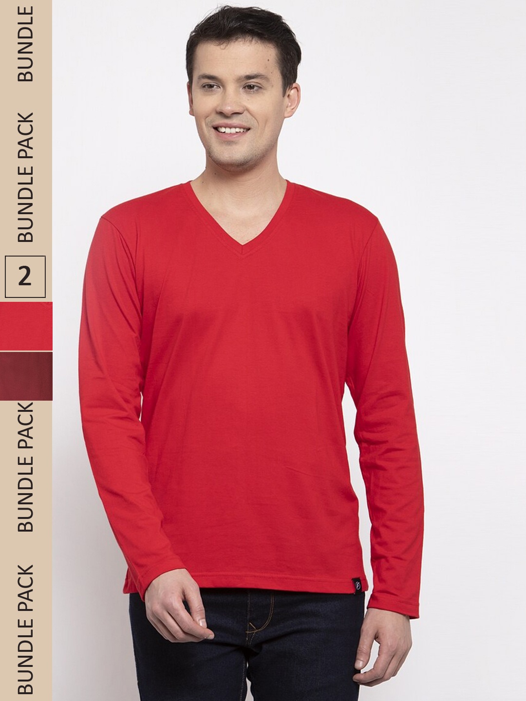 

Friskers Pack Of 2 V-Neck Pure Cotton Slim Fit Long Sleeves T-shirts, Red