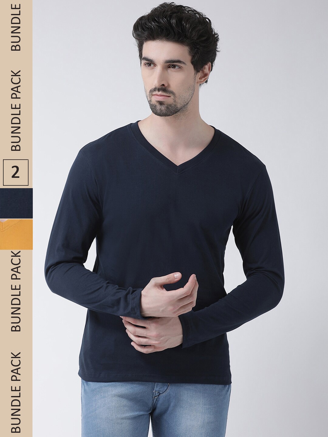 

Friskers Pack Of 2 V-Neck Long Sleeves Comfort Cotton Slim Fit T-shirts, Navy blue
