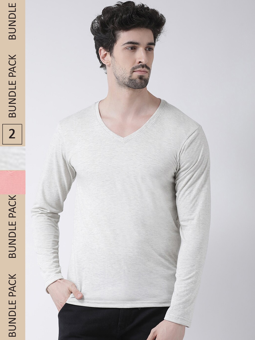 

Friskers Pack Of 2 V-Neck Pure Cotton Slim Fit Long Sleeves T-shirts, Grey