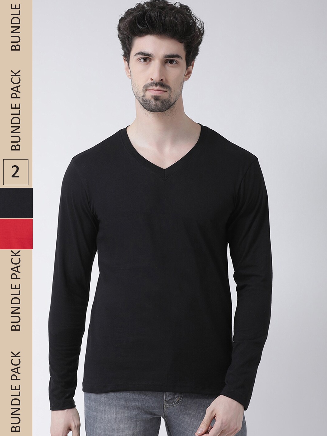 

Friskers Pack Of 2 V-Neck Long Sleeve Slim Fit Cotton T-shirt, Black