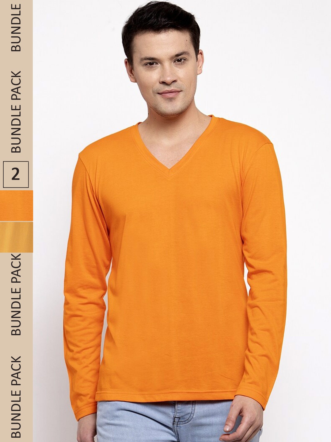 

Friskers Pack Of 2 V-Neck Pure Cotton Slim Fit Long Sleeves T-shirts, Orange