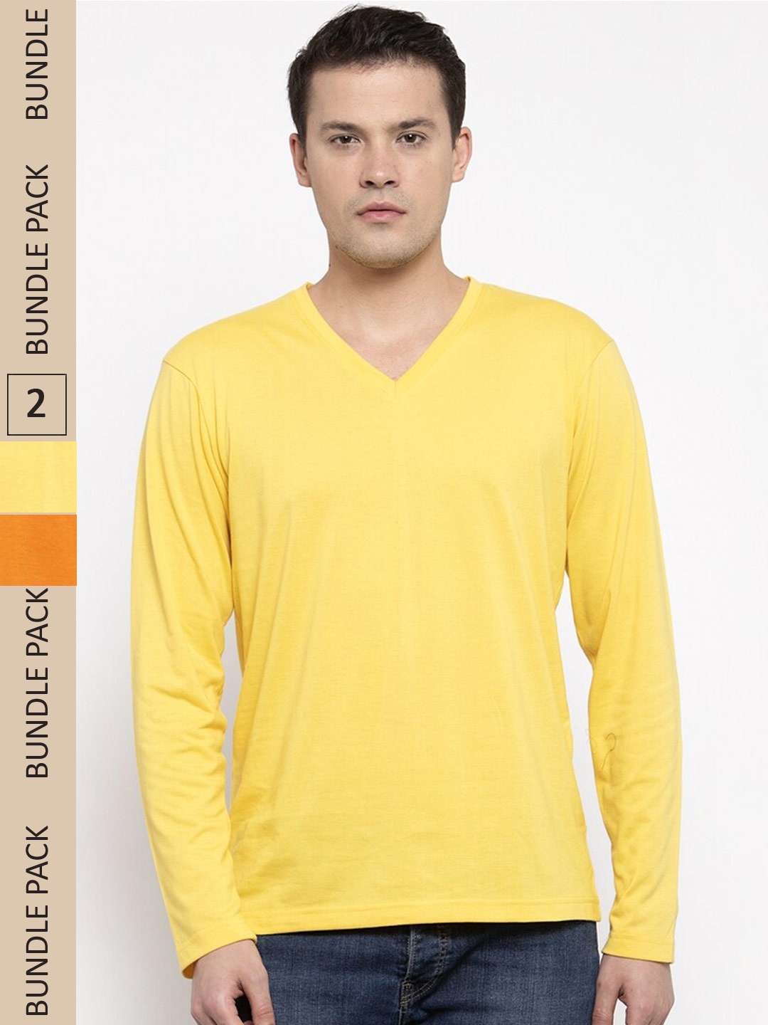 

Friskers Pack Of 2 V-Neck Long Sleeves Slim Fit Cotton T-shirt, Yellow