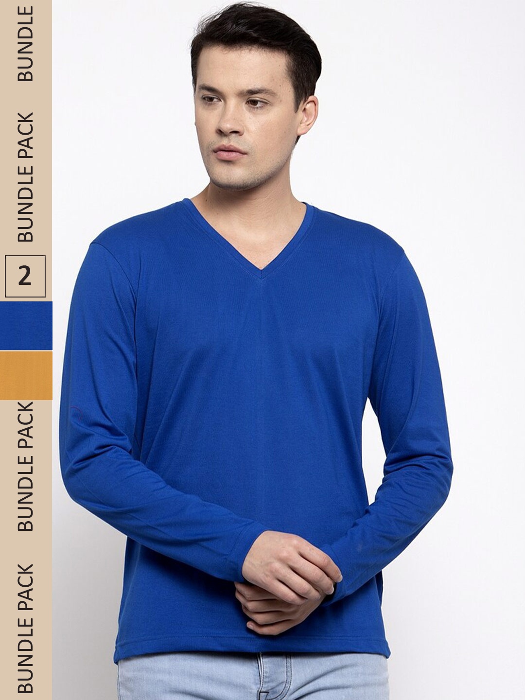 

Friskers Pack Of 2 V-Neck Long Sleeves Slim Fit Cotton T-shirt, Blue