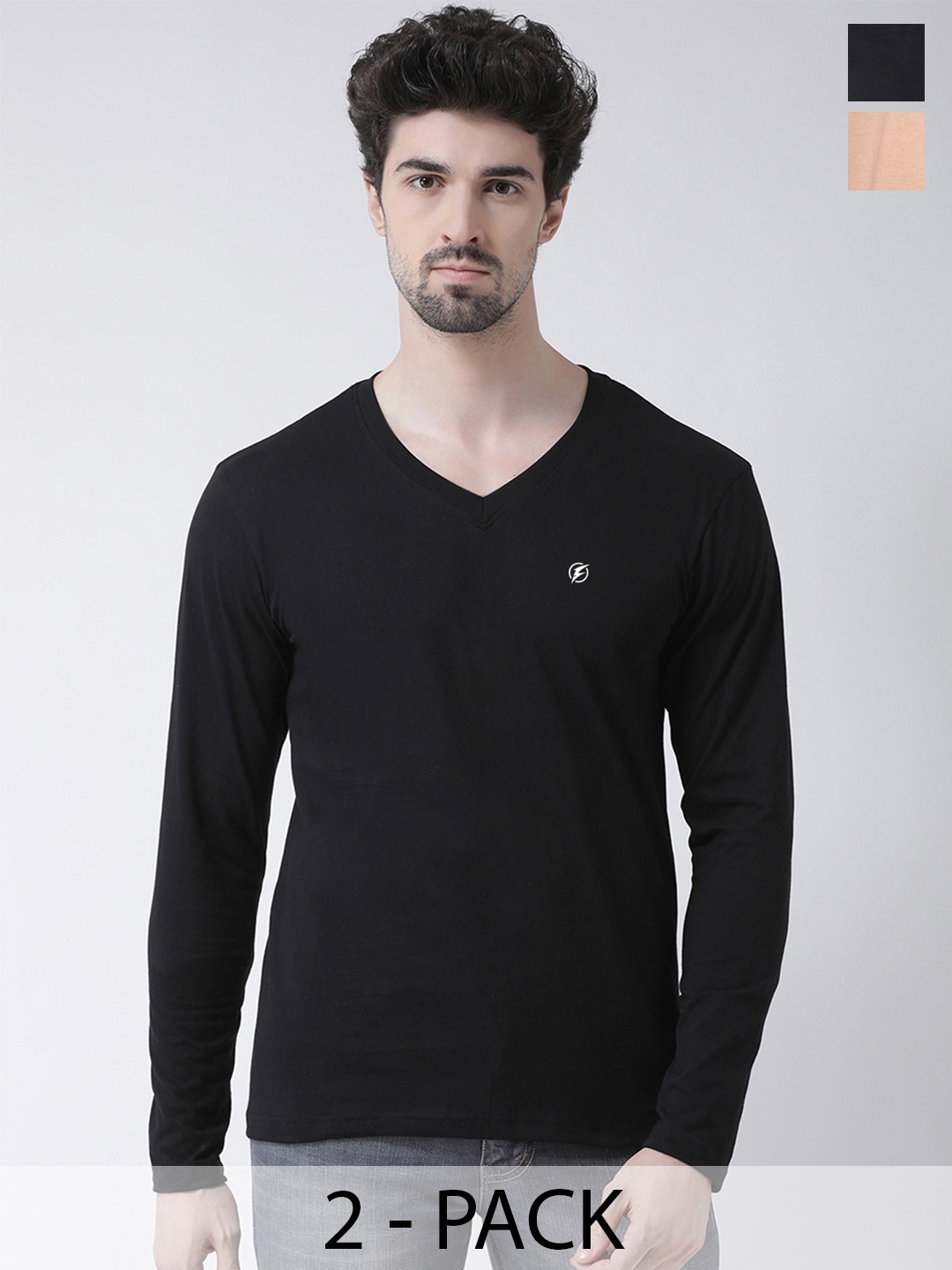 

Friskers Pack Of 2 V-Neck Long Sleeve Slim Fit Cotton T-shirt, Black