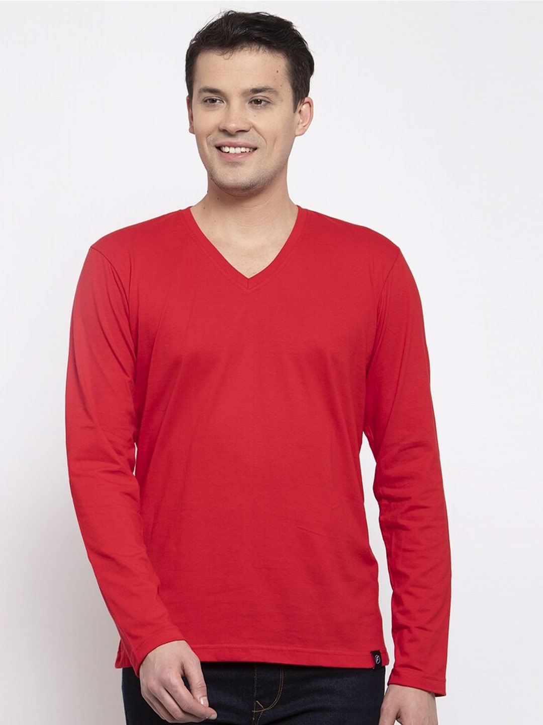 

Friskers V-Neck Pure Cotton Slim Fit Long Sleeves T-shirts, Red