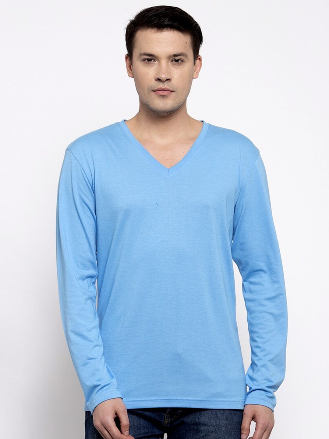 

Friskers V-Neck Pure Cotton Slim Fit Long Sleeves T-shirt, Turquoise blue