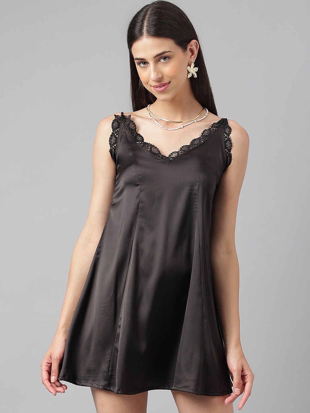 

Oh So Fly V-Neck Lace Insert Satin A-Line Mini Dress, Black