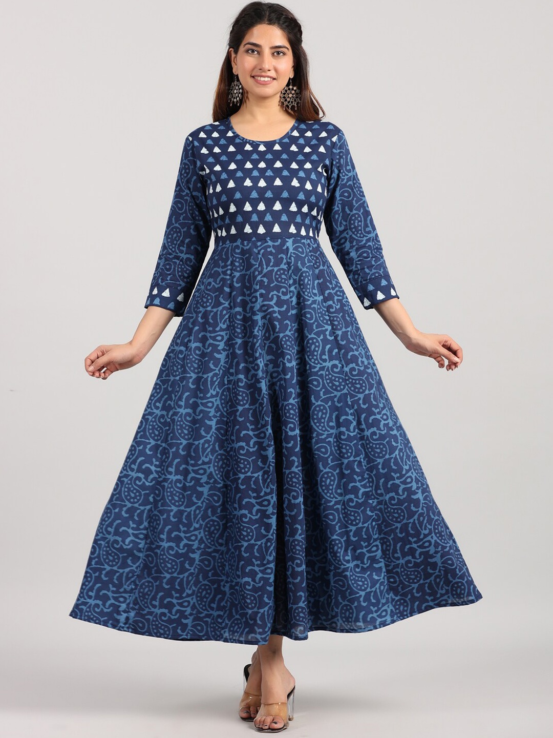 

PARCHHAI Ethnic Motifs Printed Fit and Flare Pure Cotton Maxi Ethnic Dress, Blue