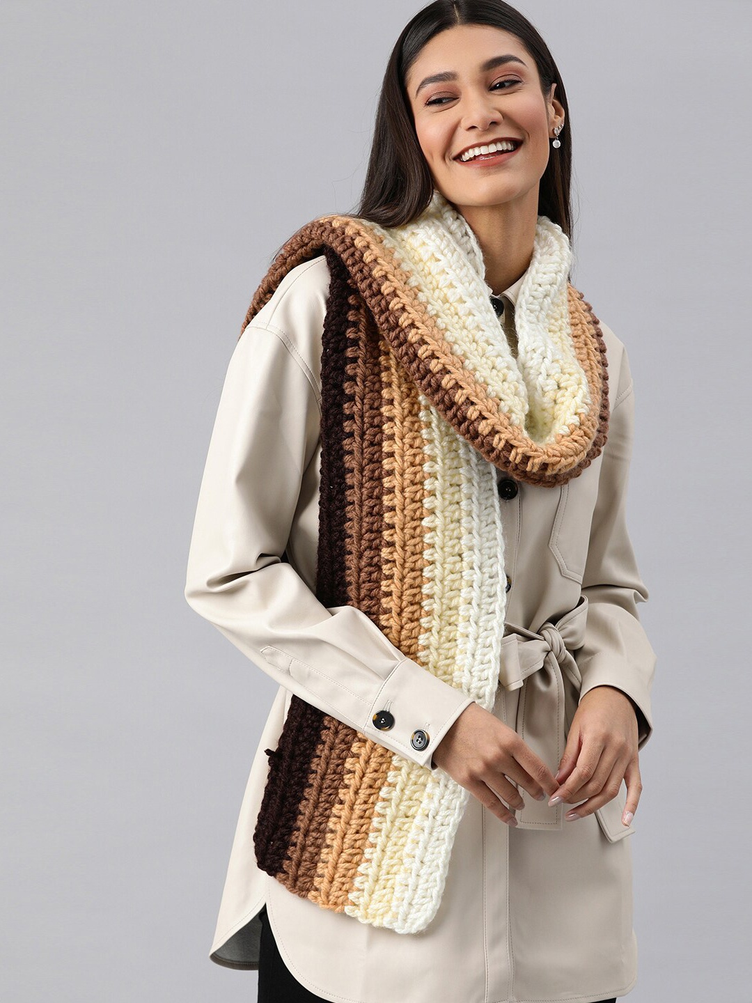 

Magic Needles Striped Acrylic Scarf, Brown