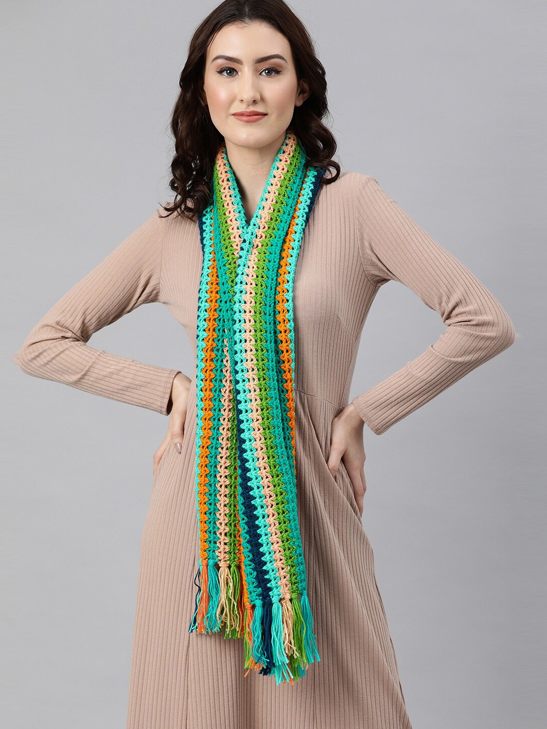 

Magic Needles Striped Acrylic Scarf, Green