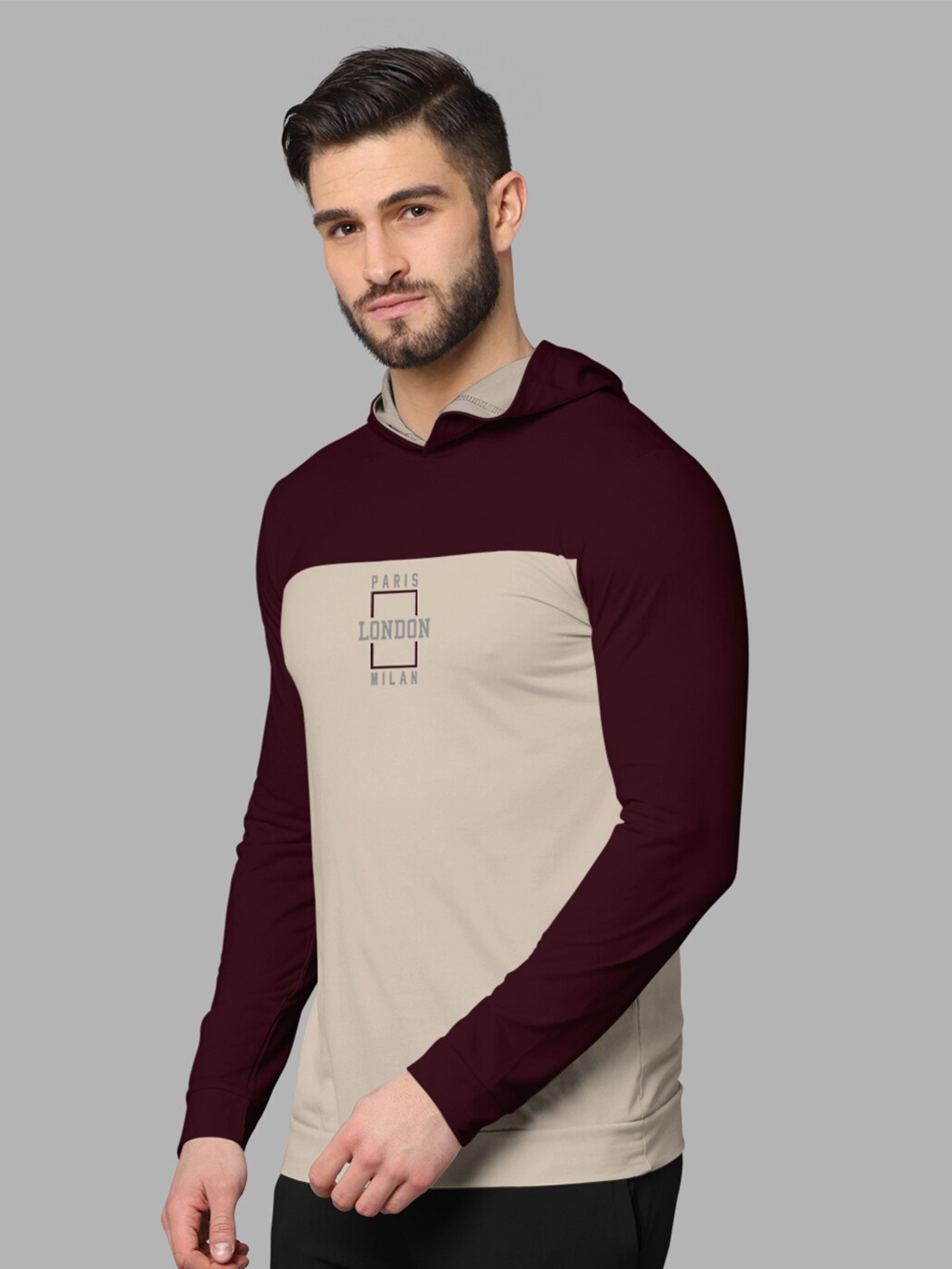 

BULLMER Colourblocked Hooded Long Sleeves Cotton T-Shirt, Burgundy
