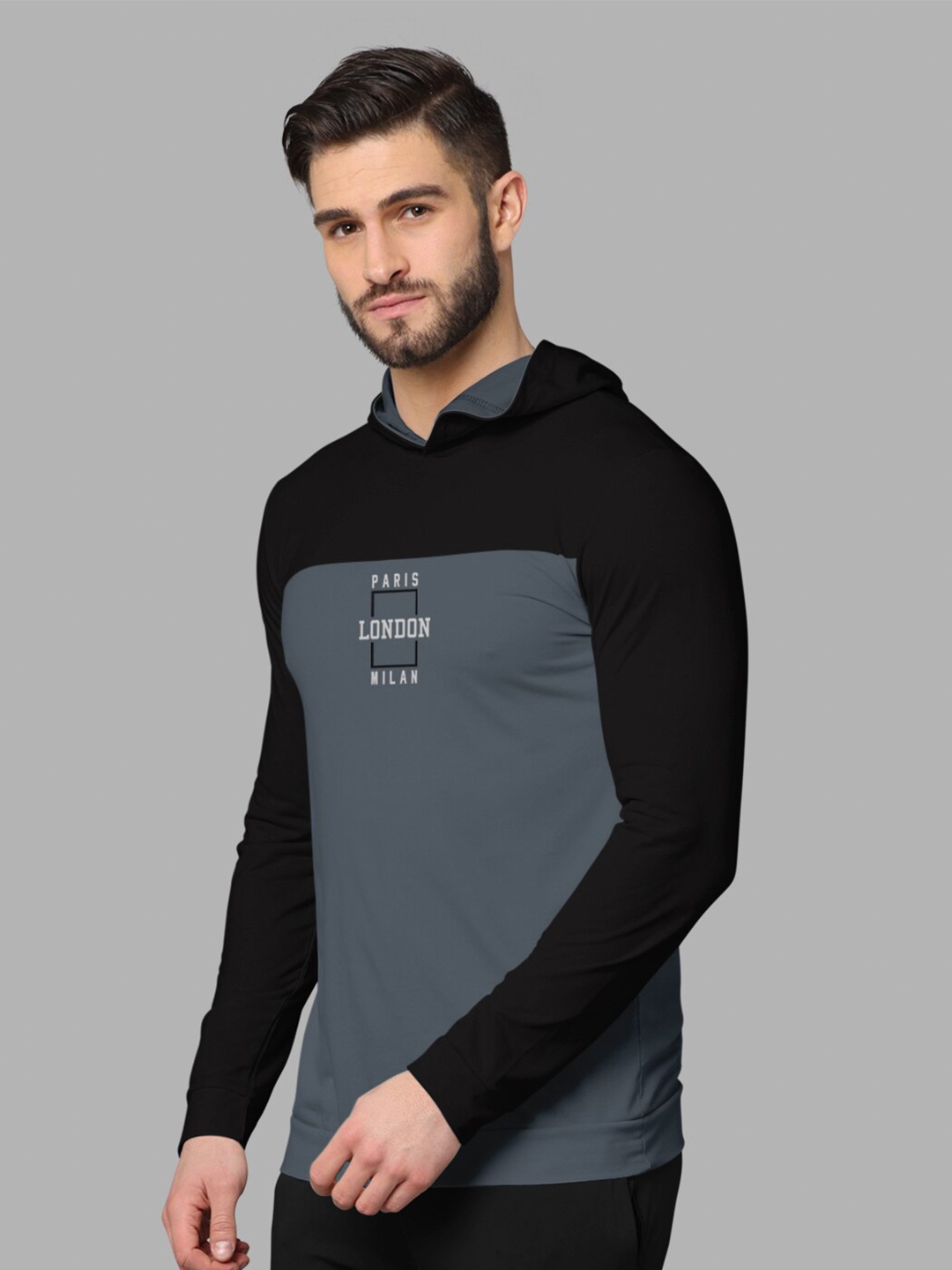

BULLMER Colourblocked Hooded Long Sleeves Cotton T-Shirt, Black