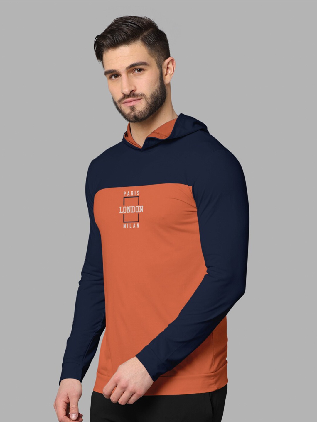 

BULLMER Colourblocked Hooded Long Sleeves Cotton T-Shirt, Navy blue