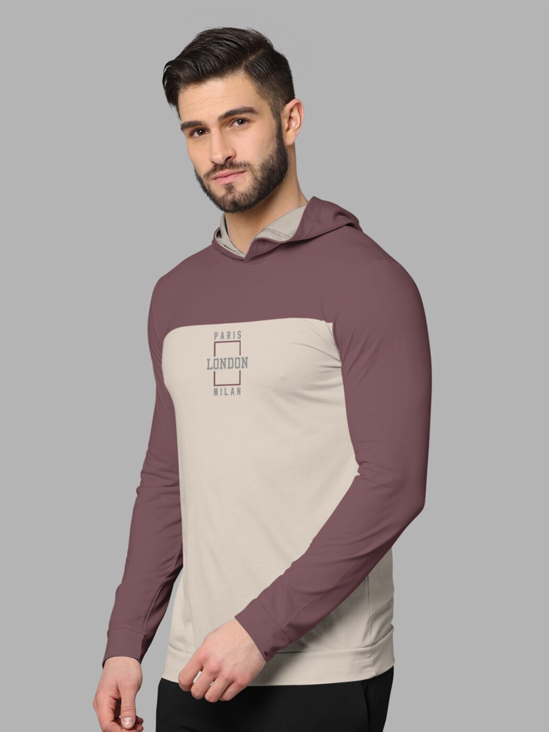 

BULLMER Colourblocked Hooded Long Sleeves Cotton T-Shirt, Taupe