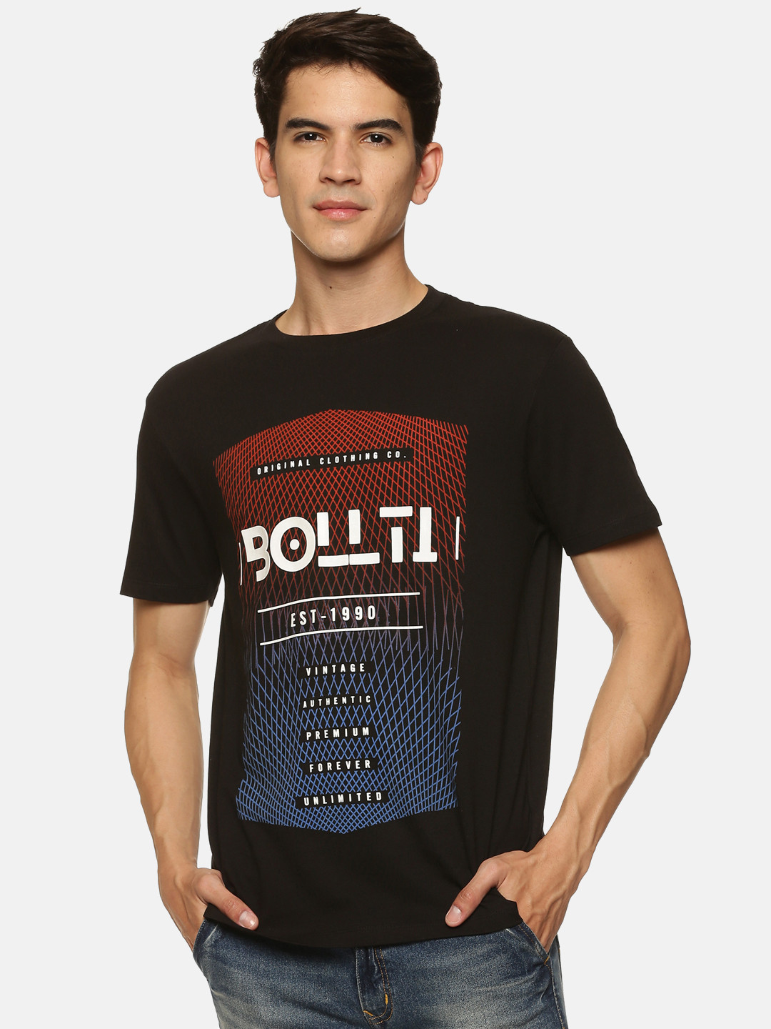 

bollti Typography Printed Pure Cotton T-shirt, Black