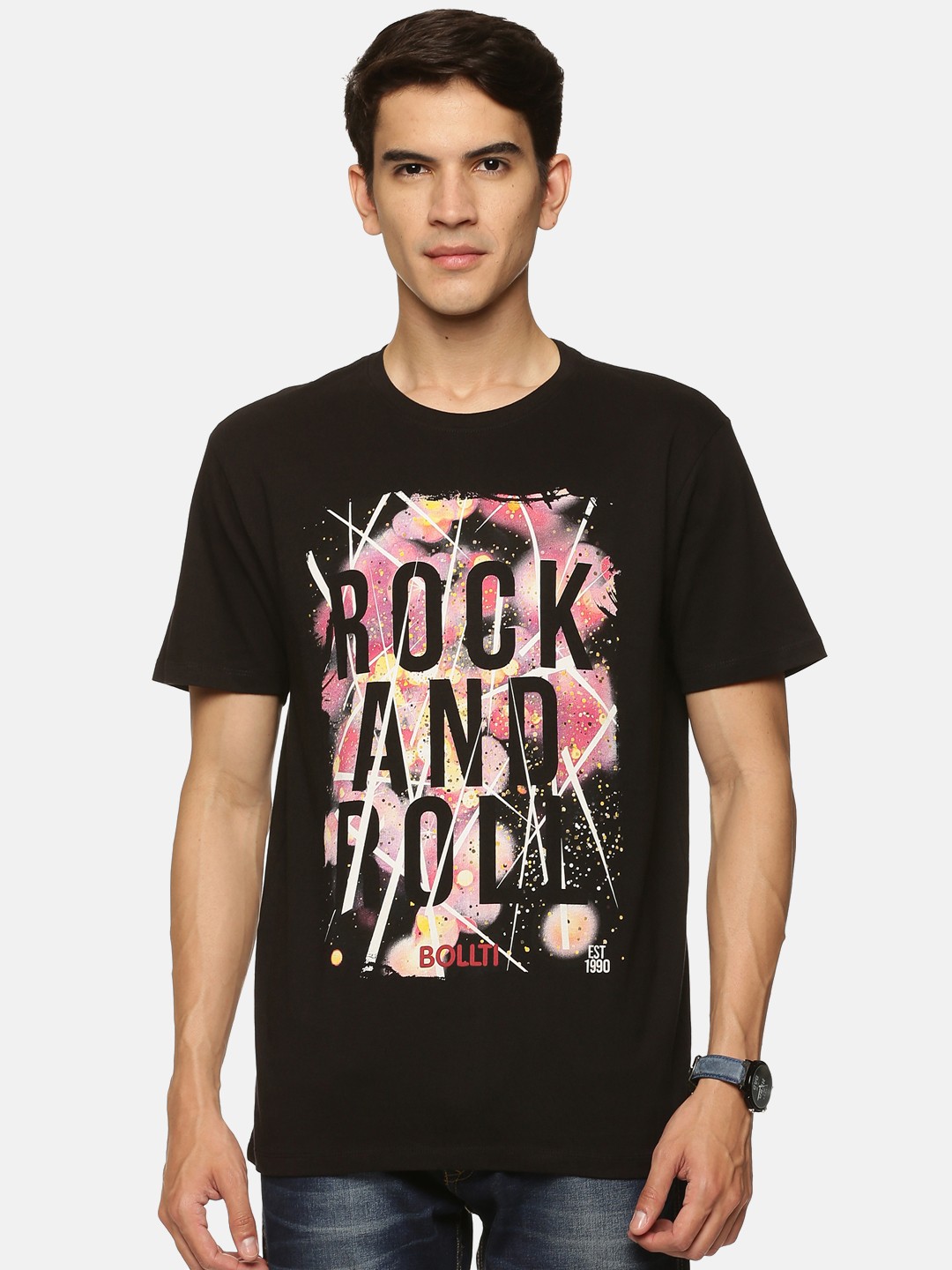

bollti Typography Printed Pure Cotton T-shirt, Black