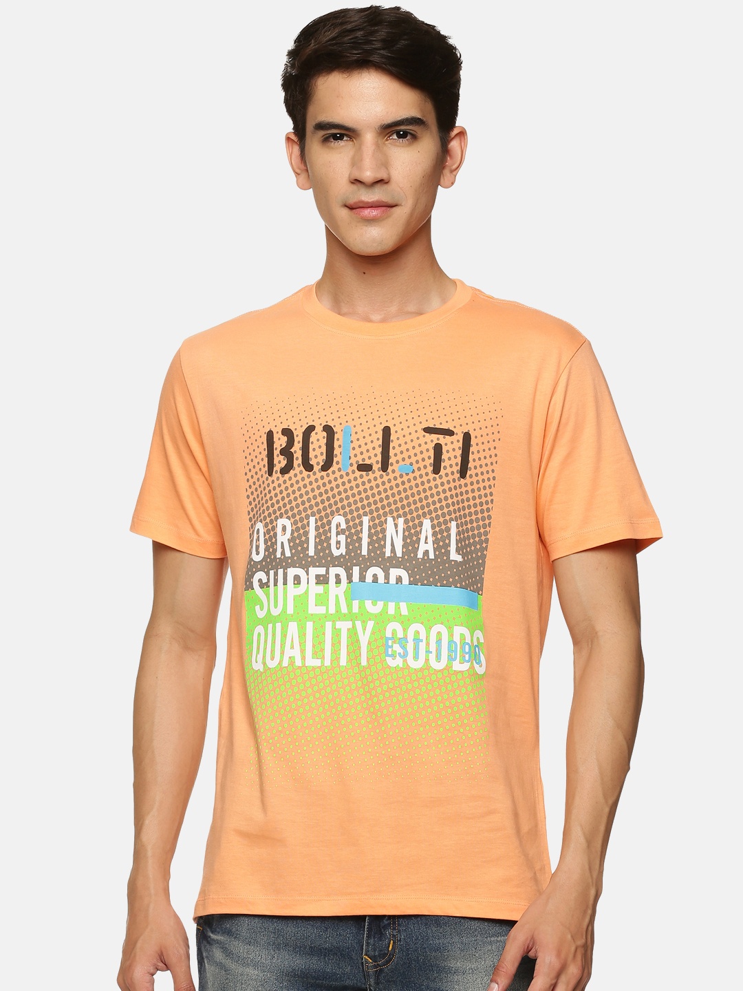 bollti Typography Printed Round Neck Short Sleeves Pure Cotton T-shirt, Orange
