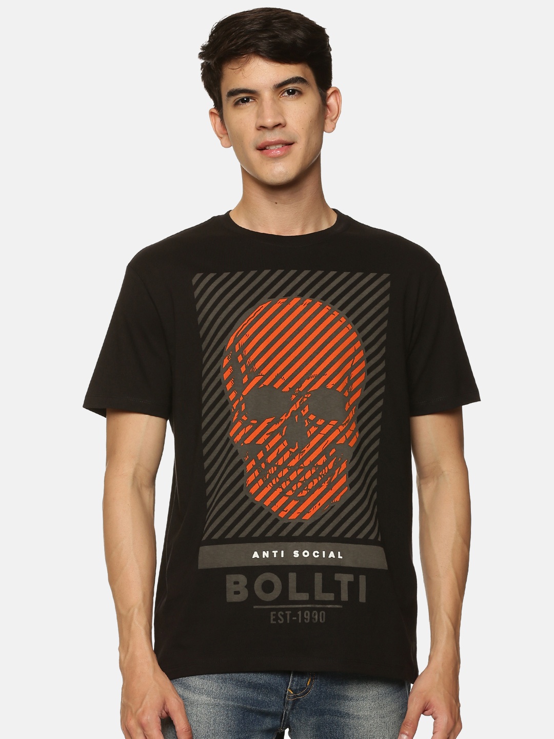 

bollti Graphic Printed Pure Cotton T-shirt, Black