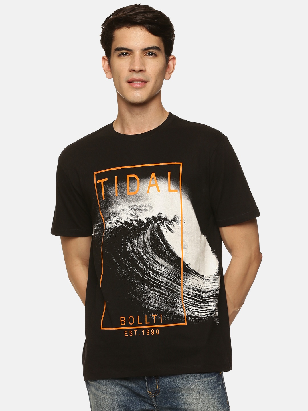 

bollti Graphic Printed Pure Cotton T-shirt, Black