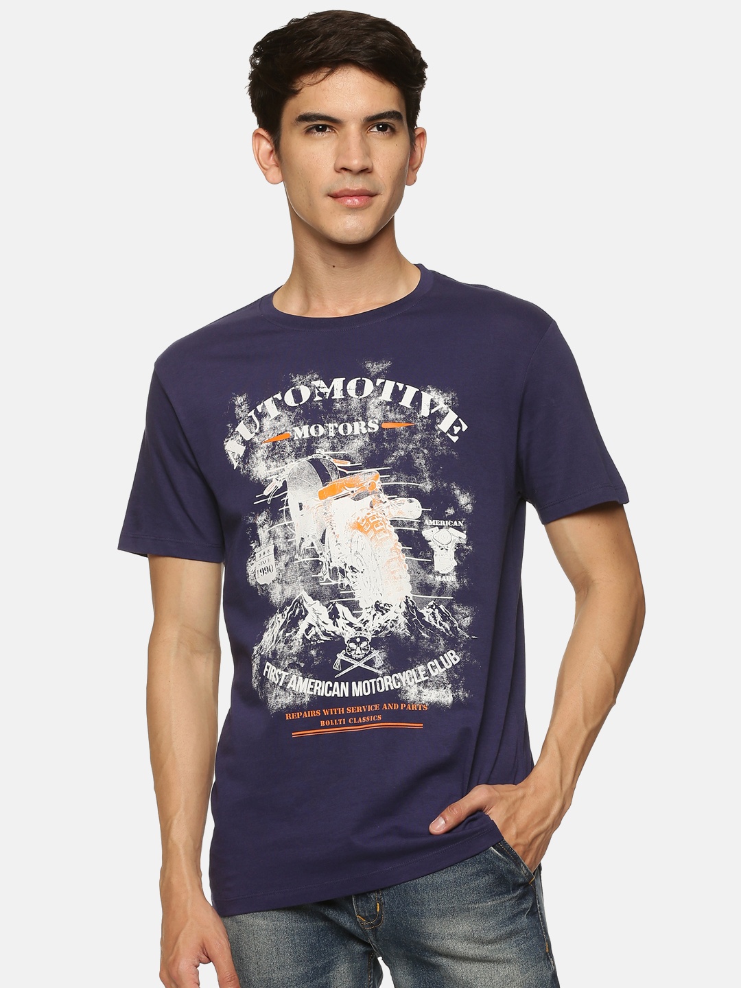 

bollti Graphic Printed Round Neck Cotton T-shirt, Navy blue