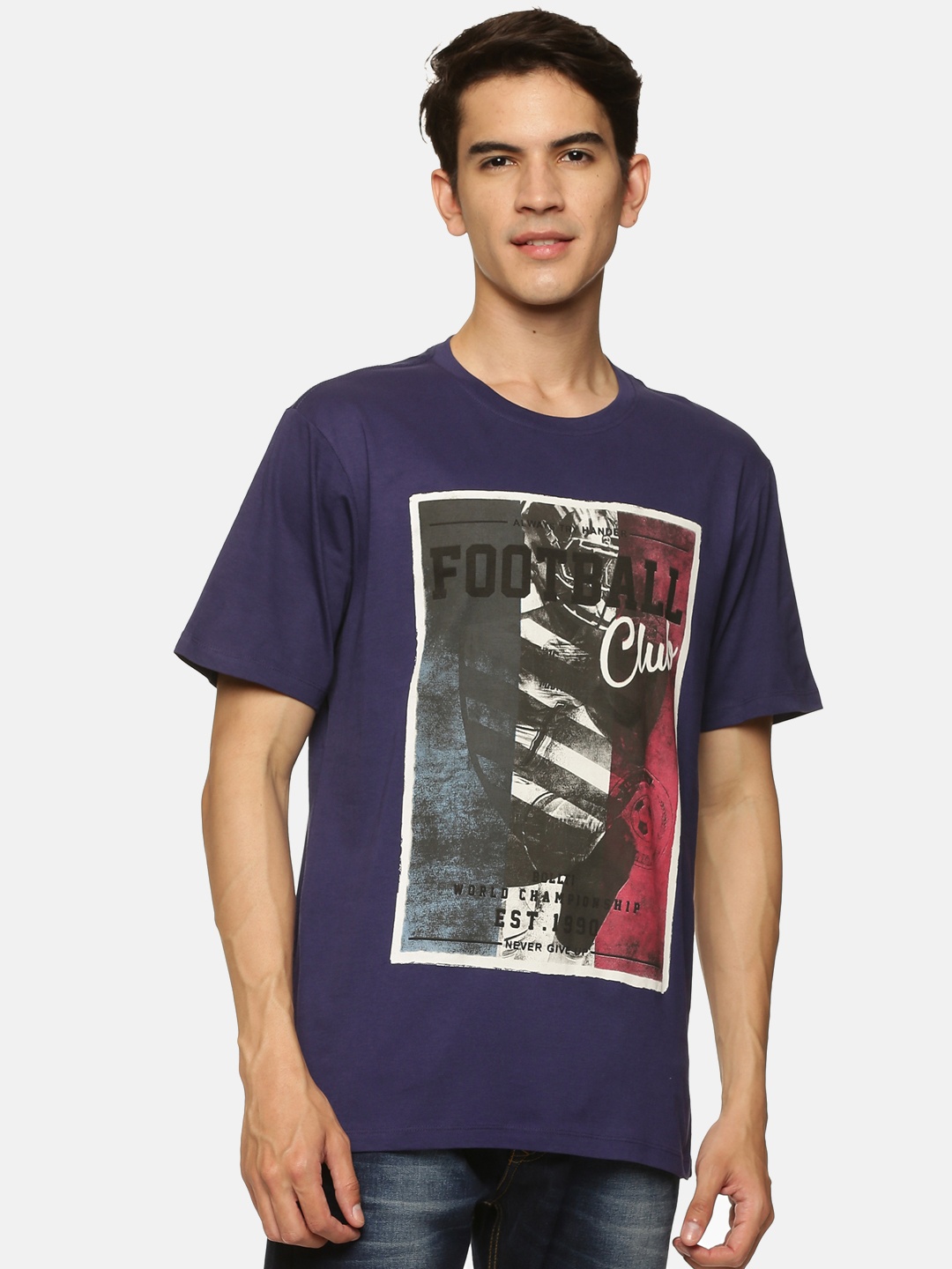 

bollti Graphic Printed Round Neck Cotton T-shirt, Navy blue
