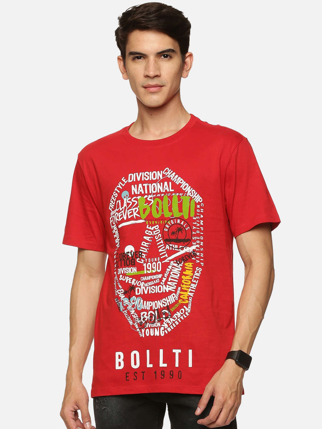 bollti Typography Printed Pure Cotton Casual T-Shirt, Red