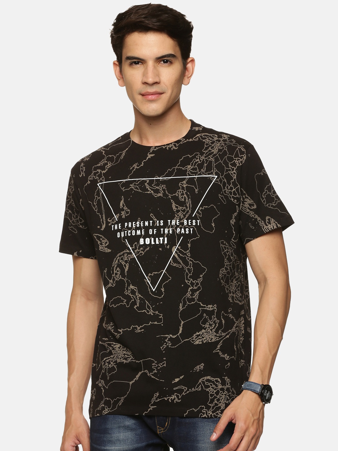 

bollti Abstract Printed pure Cotton T-shirt, Black