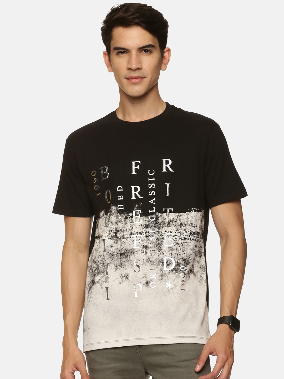 

bollti Typography Printed Round Neck Cotton T-shirt, Black
