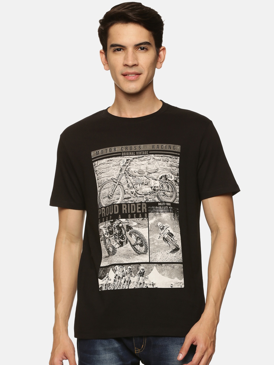 

bollti Graphic Printed Round Neck Cotton T-shirt, Black
