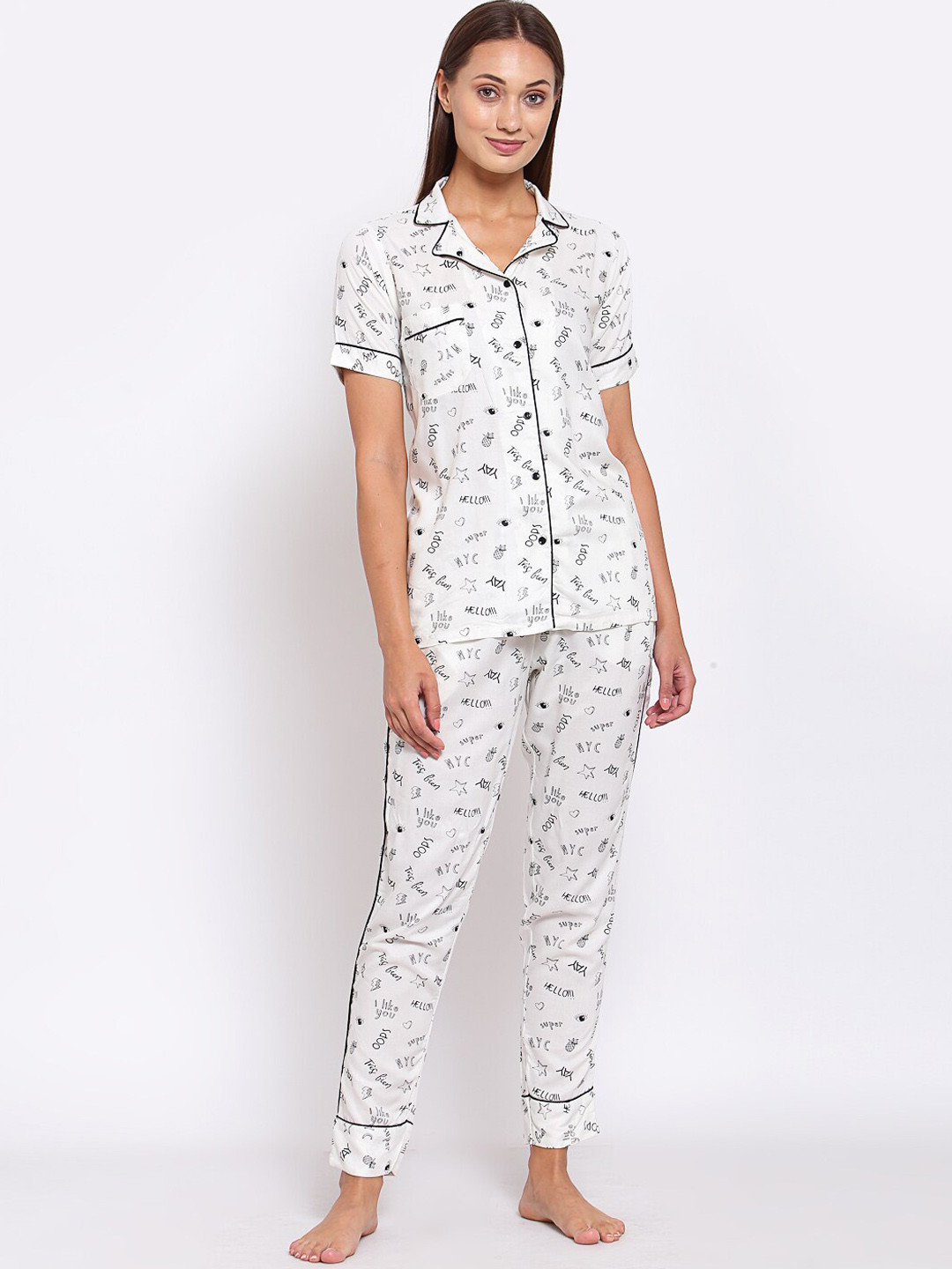 

KLOTTHE Typography Printed Pure Cotton Night Suit, White