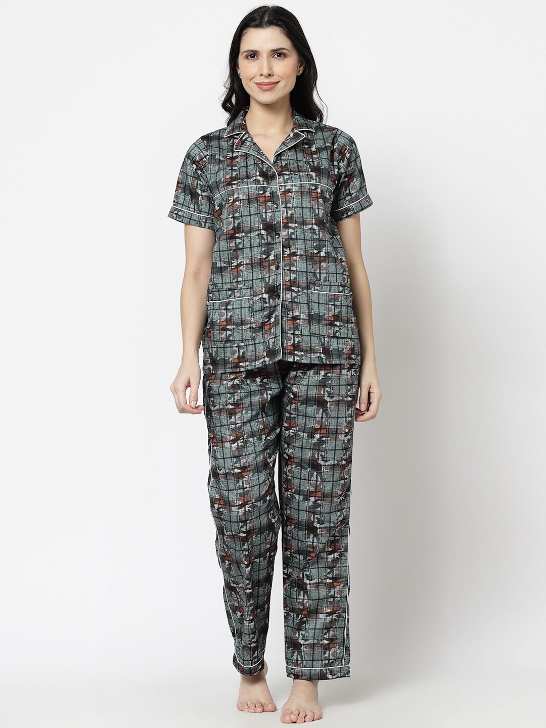 

KLOTTHE Geometric Printed Pure Cotton Night Suit, Black