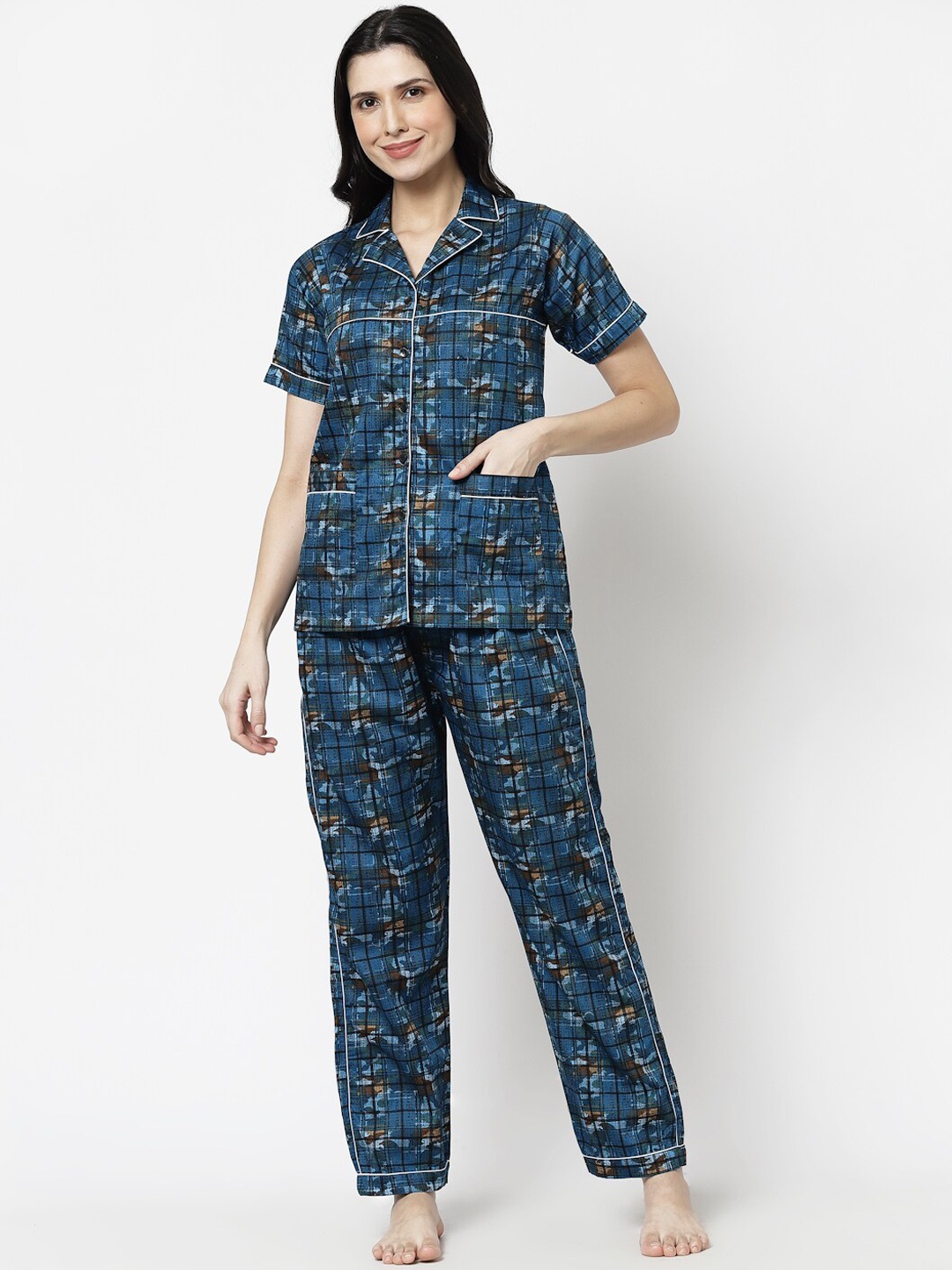

KLOTTHE Geometric Printed Pure Cotton Night Suit, Blue