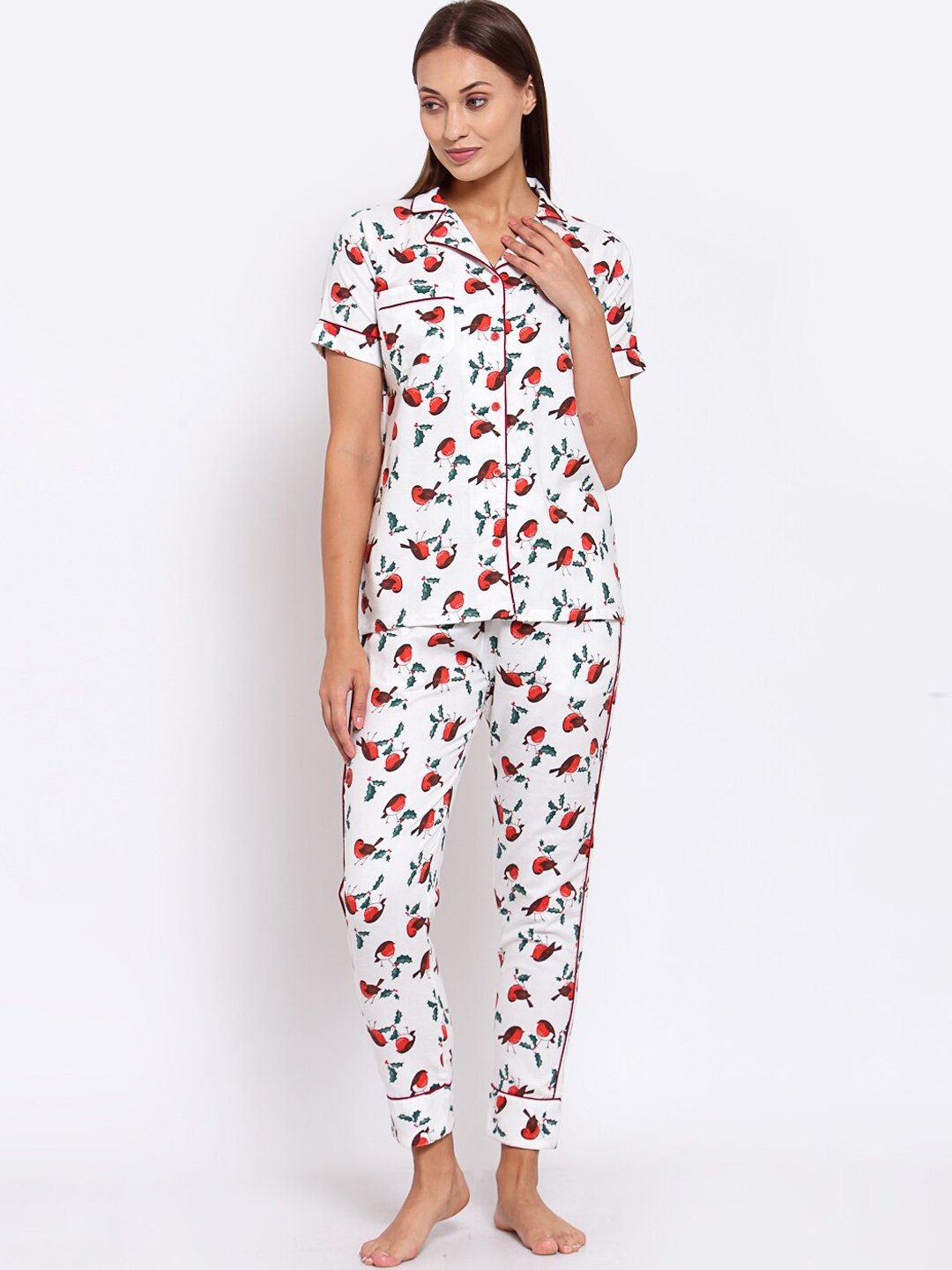 

KLOTTHE Conversational Printed Pure Cotton Night Suit, White