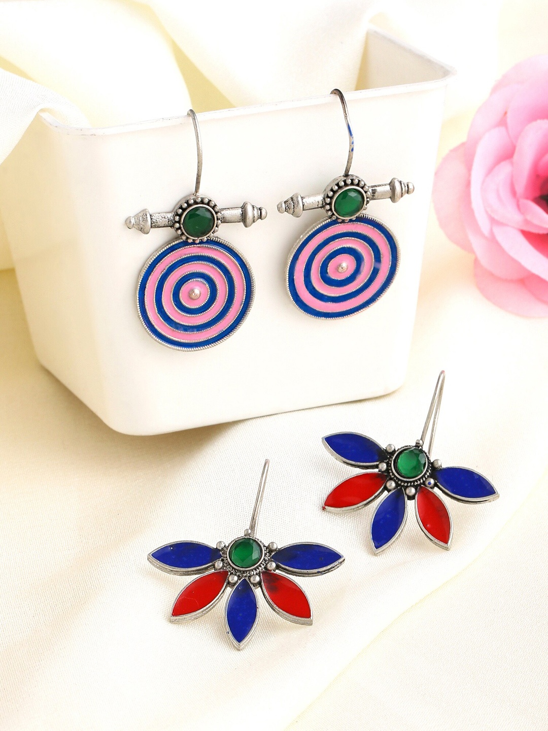 

Yellow Chimes Set of 2 Silver-Plated Stone-Studded Oxidised Drop Earrings