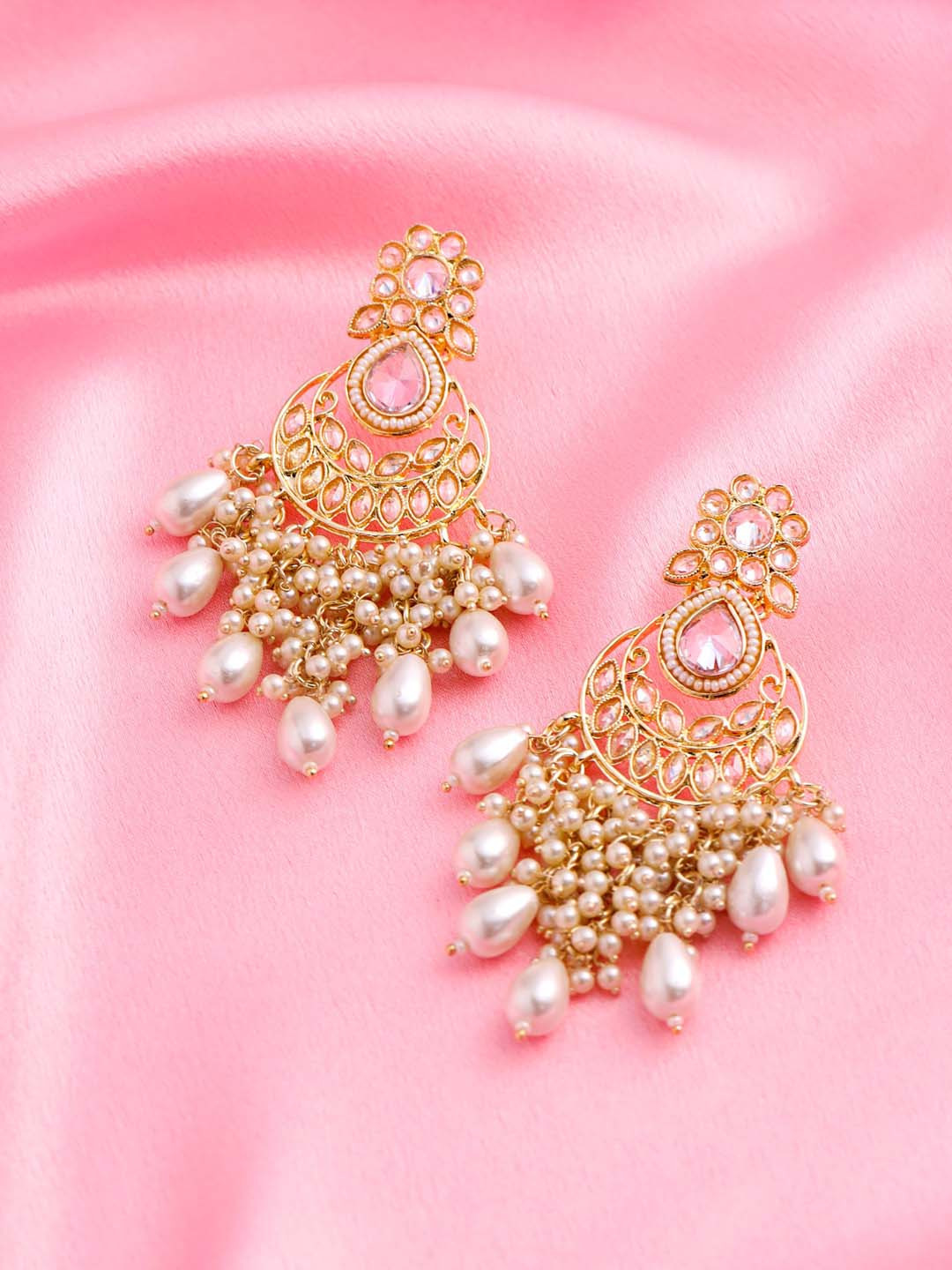 

Yellow Chimes Gold-Plated Kundan Studded Contemporary Chandbalis