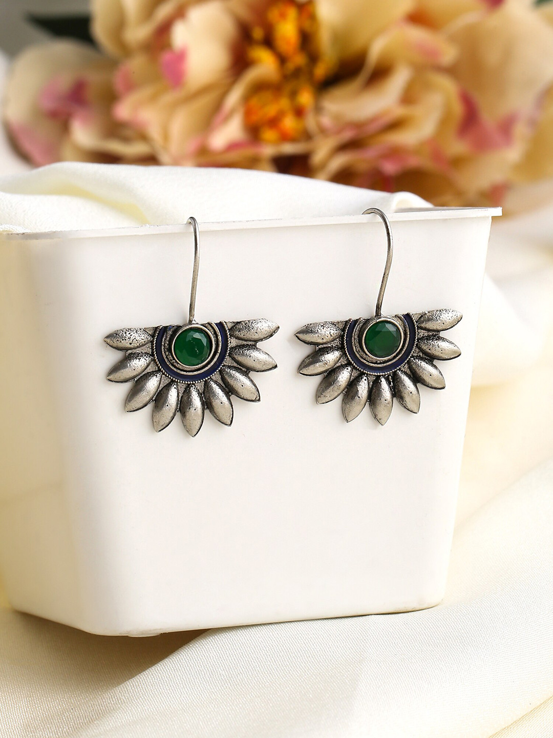 

Yellow Chimes Silver-Plated Oxidised Stone-Studded Floral Shape Drop Earrings