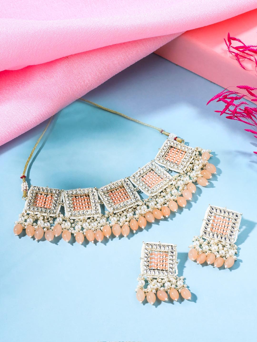 

Yellow Chimes Gold-Plated Pearl-Studded & Beaded Jewellery Set