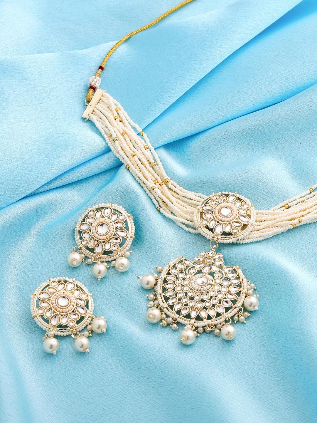 

Yellow Chimes Gold-Plated Kundan Studded & Beaded Jewellery Set, White