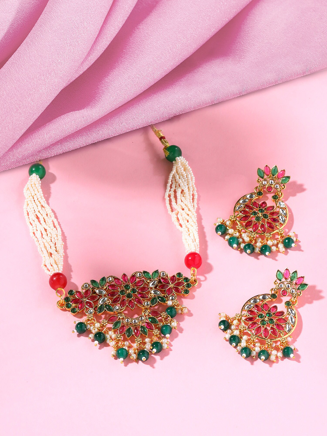 

Yellow Chimes Gold-Plated Kundan Studded Jewellery Set, Red