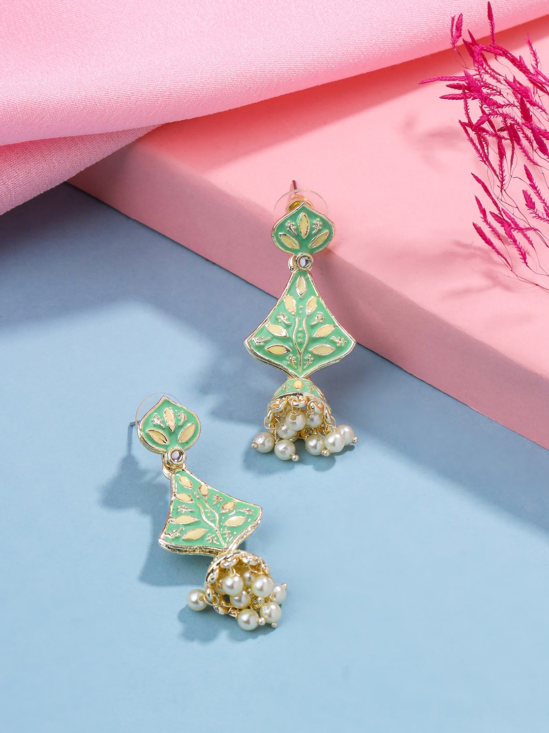 

Yellow Chimes Gold-Plated Contemporary Jhumkas Earrings, Green