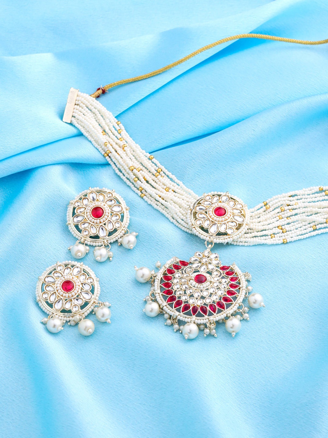 

Yellow Chimes Gold-Plated Kundan Studded & Beaded Jewellery Set, Pink