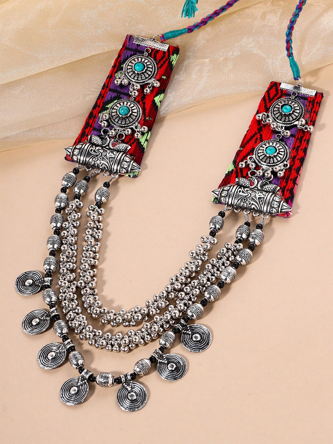 

Yellow Chimes Silver-Plated Oxidised Layered Necklace