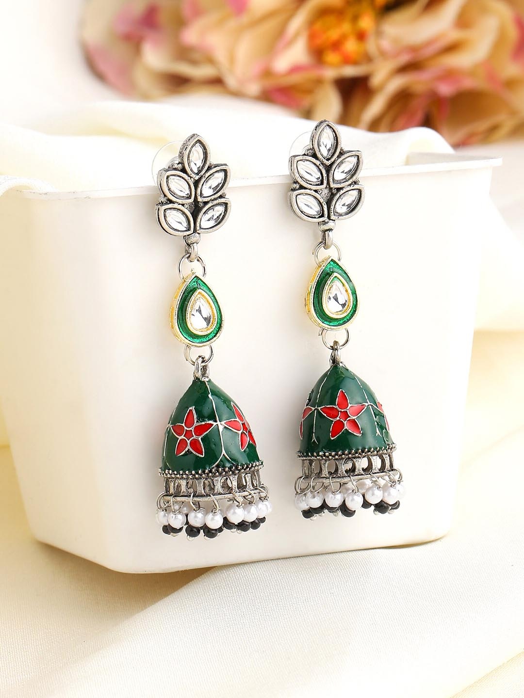

Yellow Chimes Contemporary Jhumkas Earrings, Green