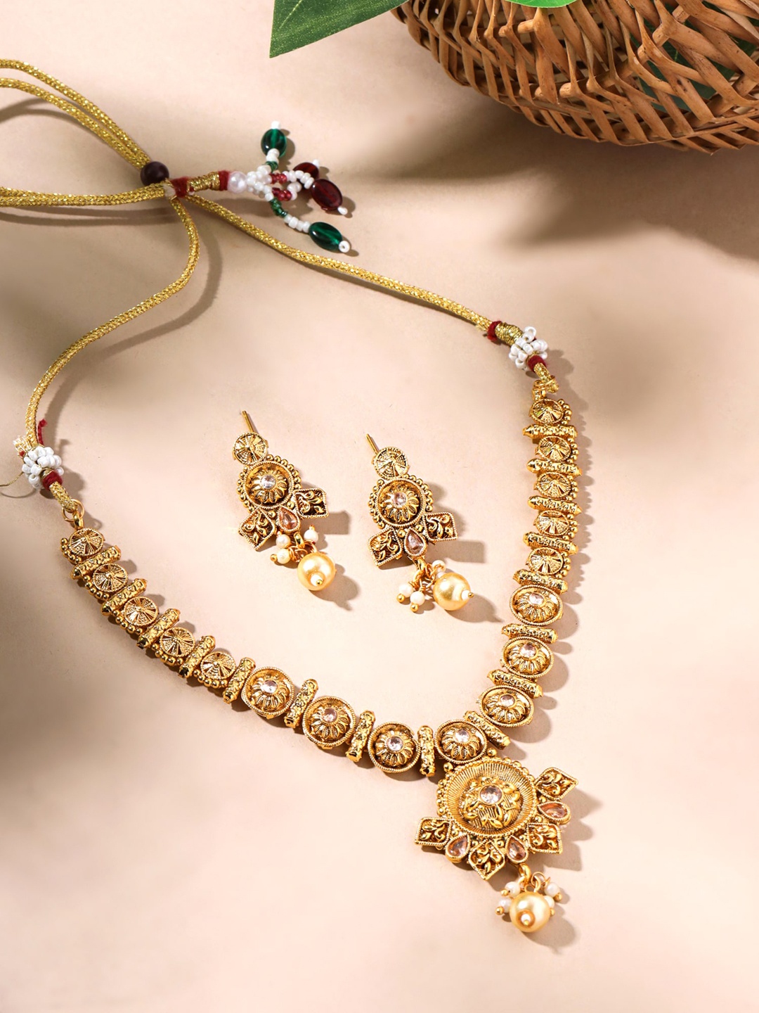 

Yellow Chimes Gold-Plated Stone-Studded & Beaded Jewellery Set