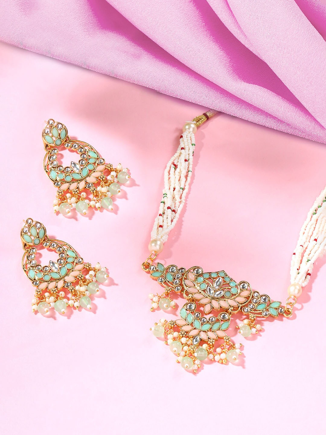 

Yellow Chimes Gold-Plated Stone Studded & Pearl Beaded Jewellery Set