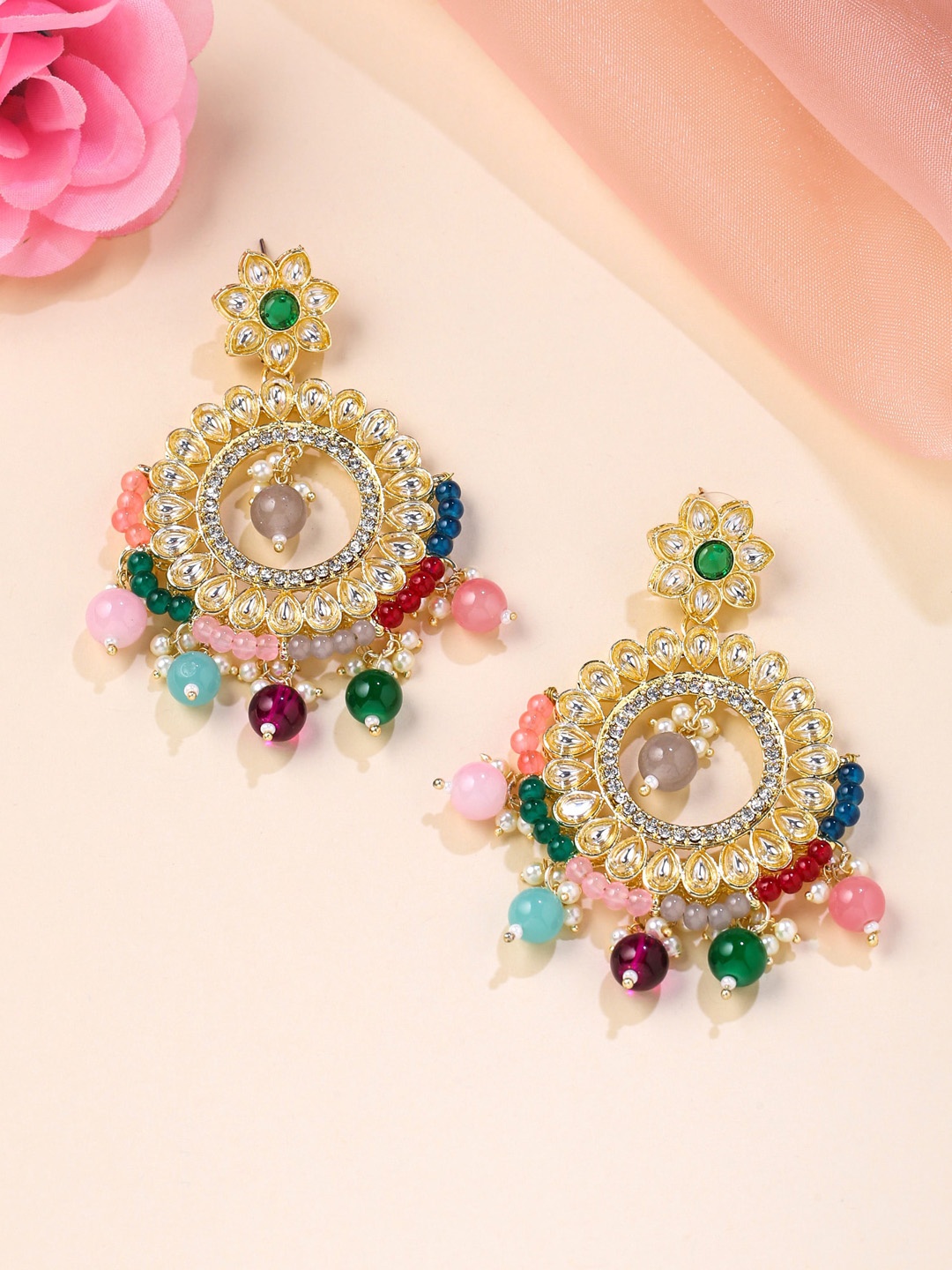 

Yellow Chimes Gold-Plated Contemporary Chandbalis Earrings, Pink