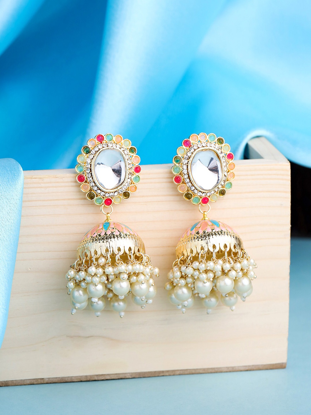 

Yellow Chimes Gold-Plated Stone-Studded Dome Shaped Jhumkas